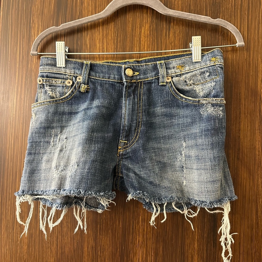 R13 Frayed Hem Distressed Blue Jean Shorts